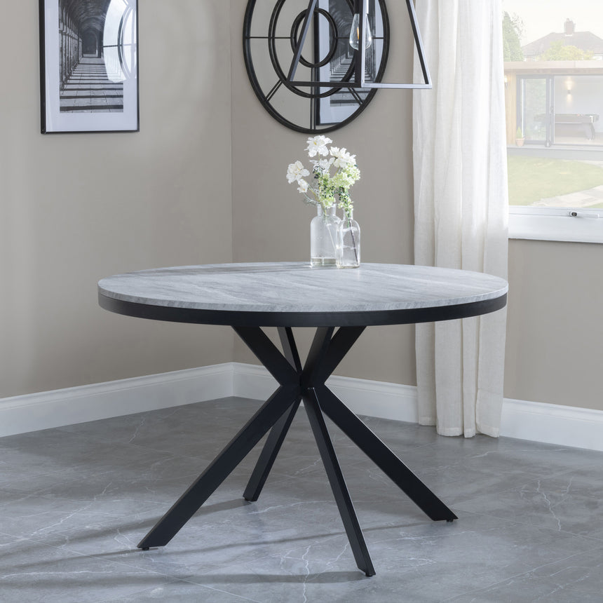 Bobbio Grey Concrete Effect 4 Seater Round Dining Table with Black Spider Legs