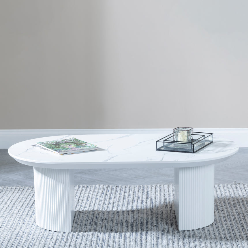 Pavia White Marble Effect Oval Coffee Table - Fluted Base