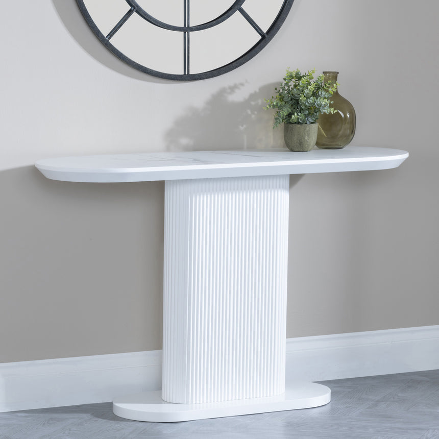 Pavia White Marble Effect Oval Fluted Console Table