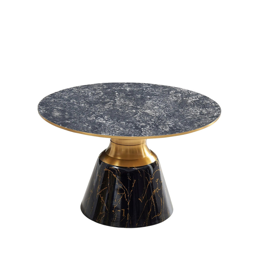 Horton Hourglass Grey Ceramic Round Coffee Table with Black Base and Gold Trim