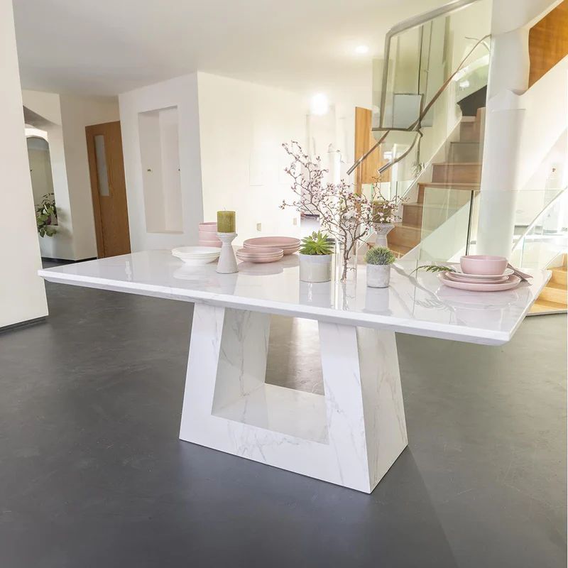 Pesaro Marble Dining Table Set, Rectangular White Top and Triangular Pedestal Base with Catania Cream Faux Leather Chairs