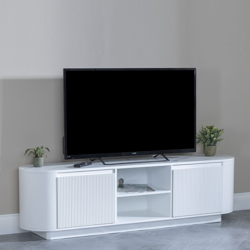 Pavia White Marble Effect Curved Fluted TV Unit