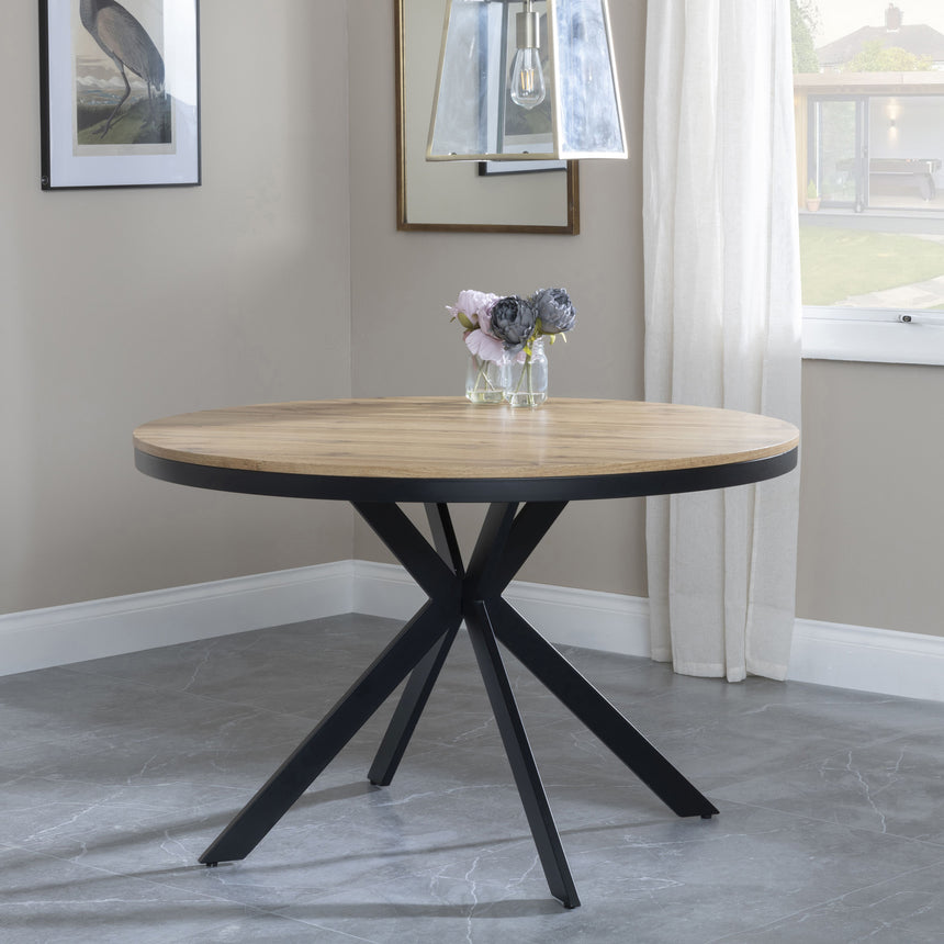 Bologna Industrial Oak Effect 4 Seater Round Dining Table with Black Spider Legs