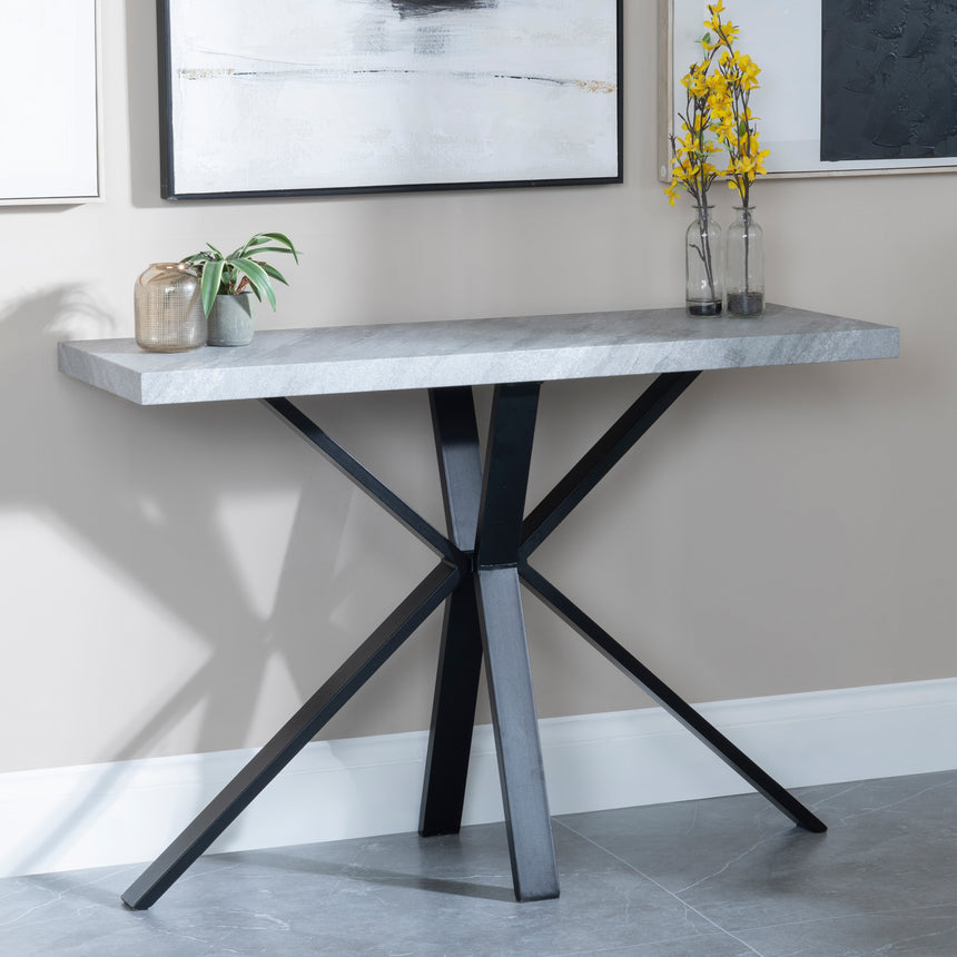 Bobbio Grey Concrete Effect Console Table with Black Spider Legs