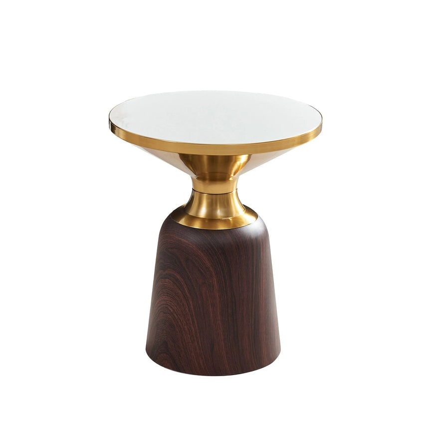 Horton Hourglass White Ceramic Round Side Table with Walnut Base and Gold Trim