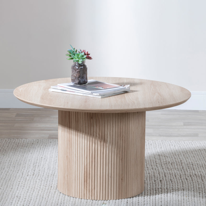 Emilia Fluted Oak Effect Round Coffee Table with Drum Base