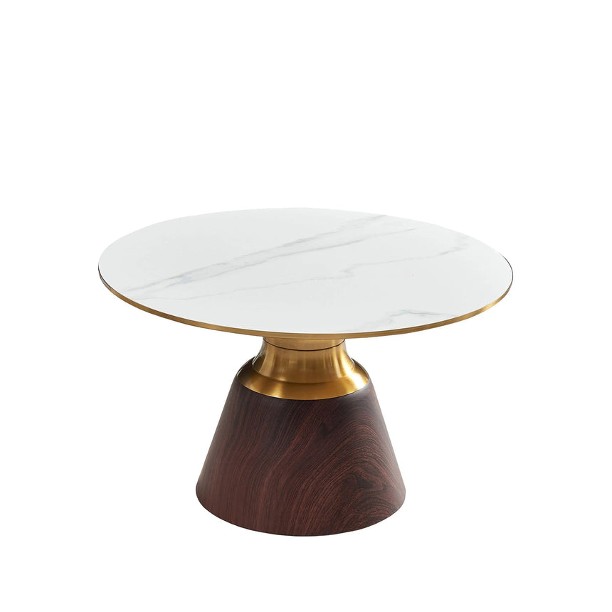 Horton Hourglass White Ceramic Round Coffee Table with Walnut Base and Gold Trim