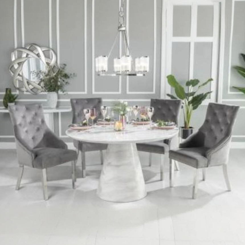 Cesena 130cm White Marble Round Dining Set - Grey Knockerback Chairs