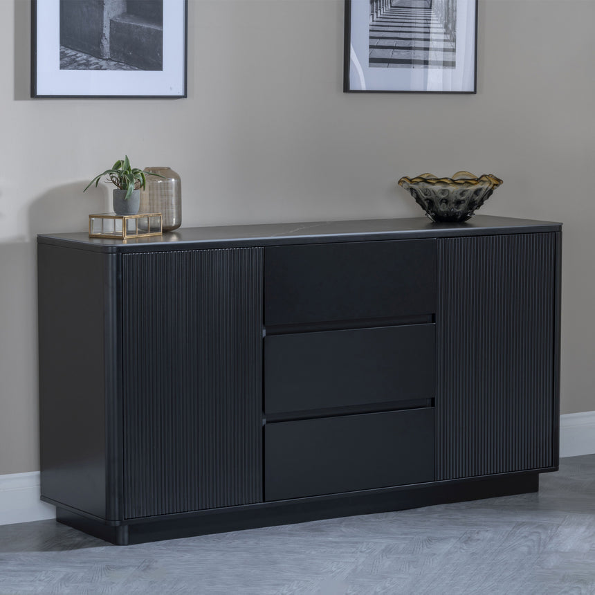 Rivoli Black Ceramic Fluted Large Sideboard