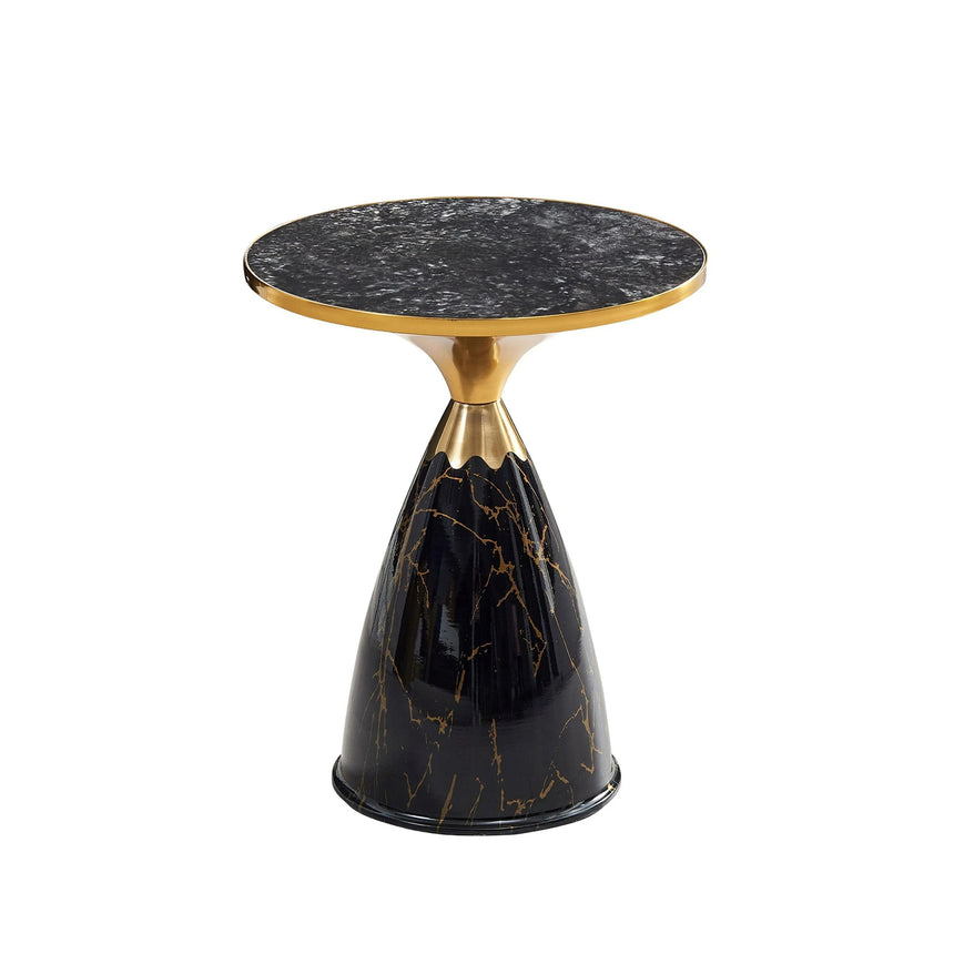 Horton Hourglass Grey Ceramic Round Side Table with Black Base and Gold Trim