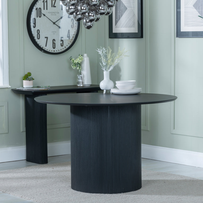 Sorrento Fluted 4 Seater Black Round Dining Table with Drum Base - 120cm