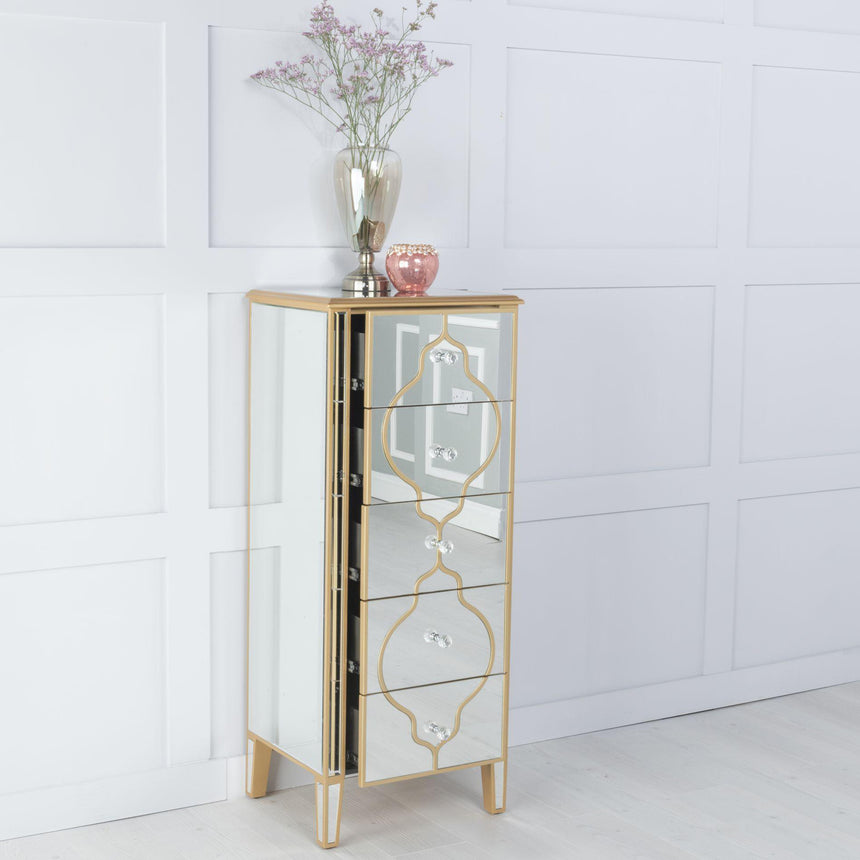 Ferrara Mirrored Gold Trim 5 Drawer Narrow Chest