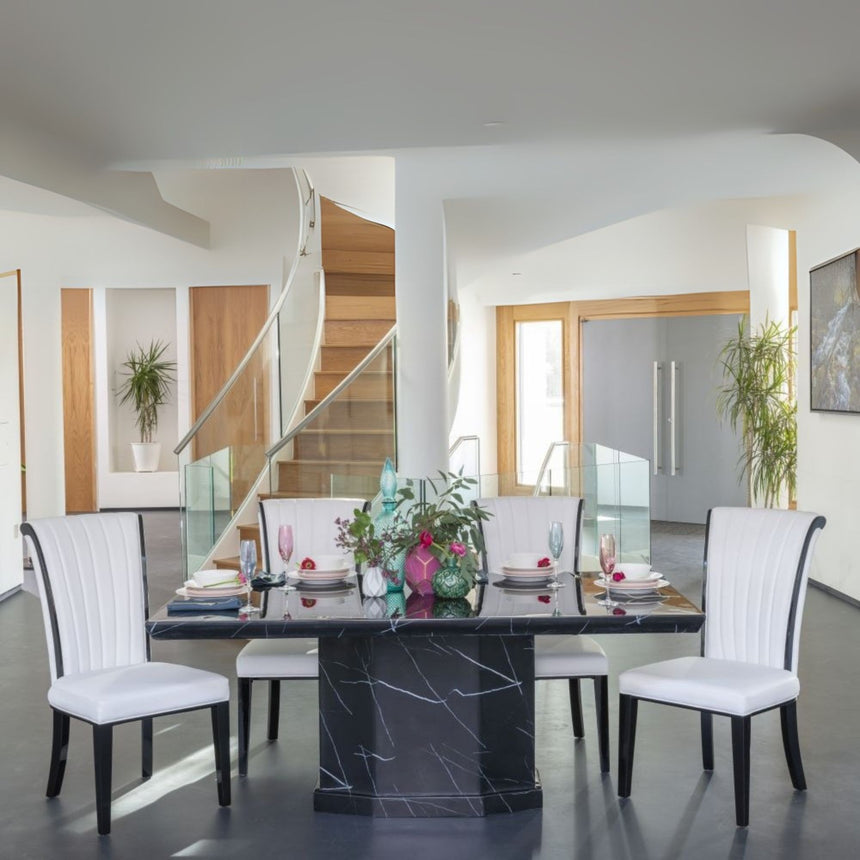 Tortona Marble Dining Table Set, Rectangular Black Top and Pedestal Base with Milazzo White Faux Leather Chairs