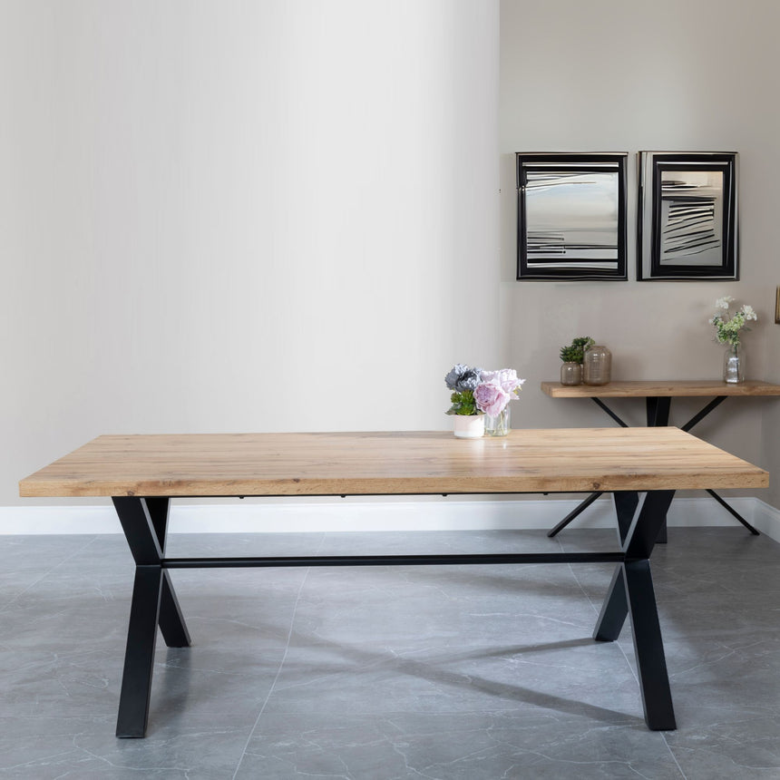 Bologna Industrial Oak Effect 8 Seater Dining Table with Black Cross Legs