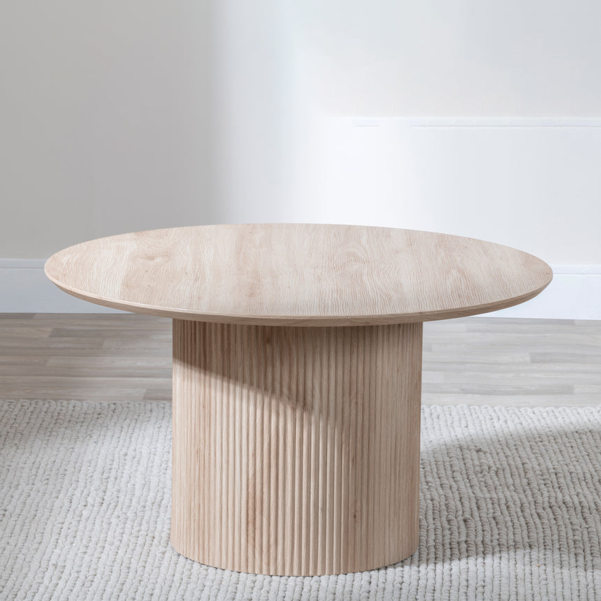 Emilia Fluted Oak Effect Round Coffee Table with Drum Base