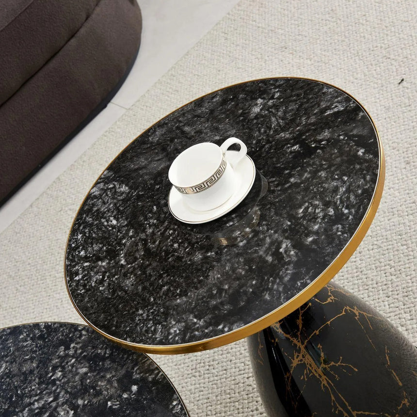 Horton Hourglass Grey Ceramic Round Side Table with Black Base and Gold Trim