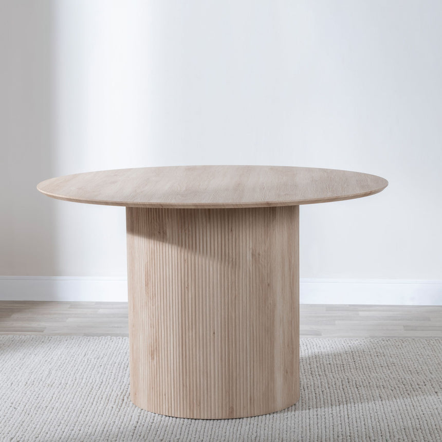 Emilia Fluted 4 Seater Oak Effect Round Dining Table with Drum Base - 120cm