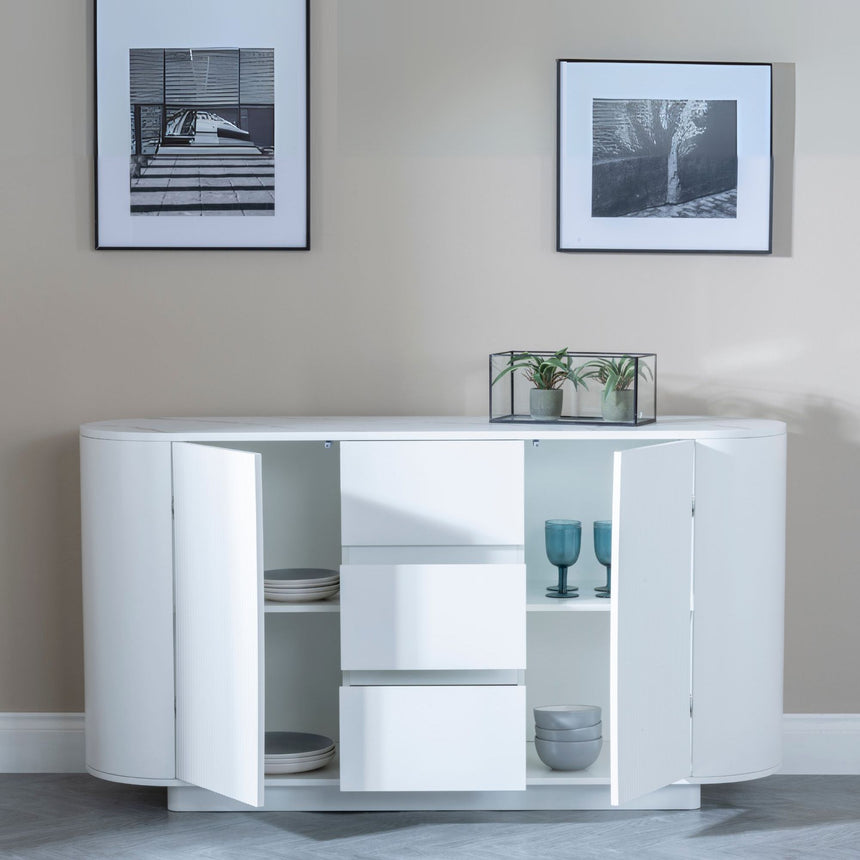 Pavia White Marble Effect Curved Fluted Sideboard