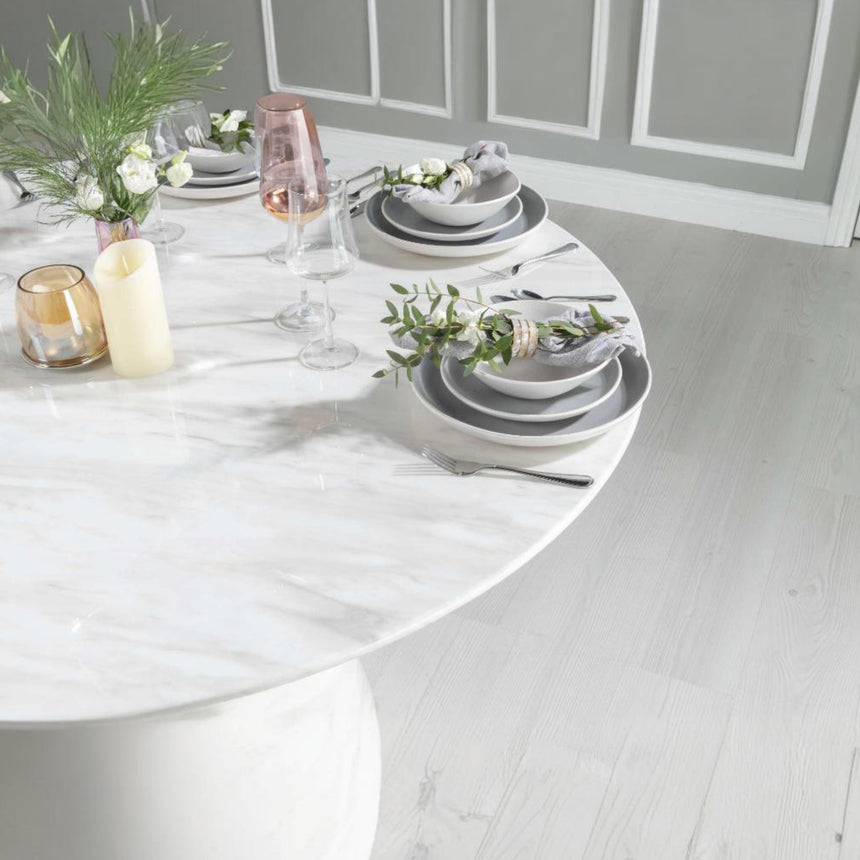 Cesena 130cm White Marble Round Dining Set - Grey Knockerback Chairs