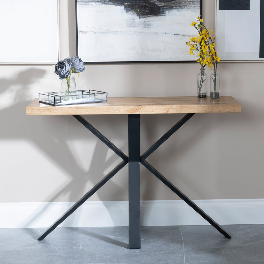 Bologna Industrial Oak Effect Console Table with Black Spider Legs