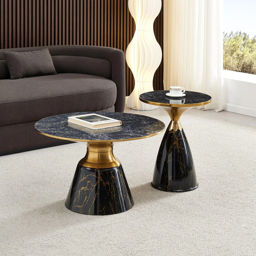 Horton Hourglass Grey Ceramic Round Coffee Table with Black Base and Gold Trim