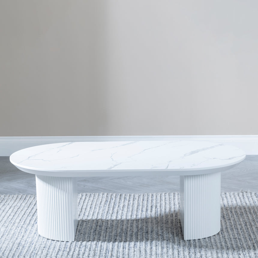 Pavia White Marble Effect Oval Coffee Table - Fluted Base