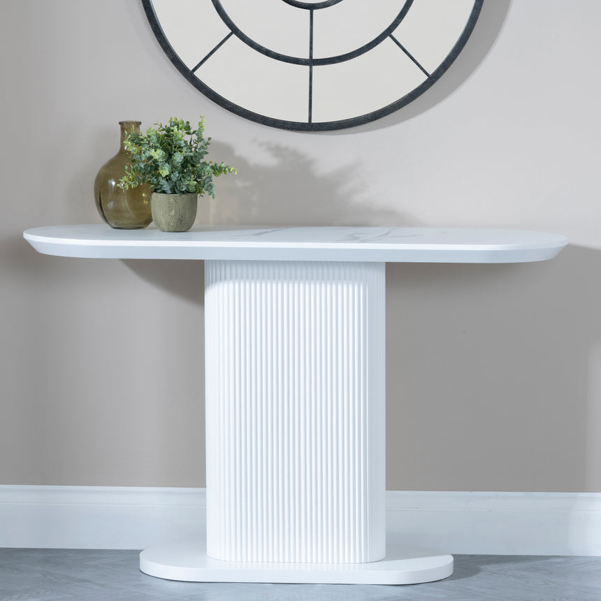 Pavia White Marble Effect Oval Fluted Console Table