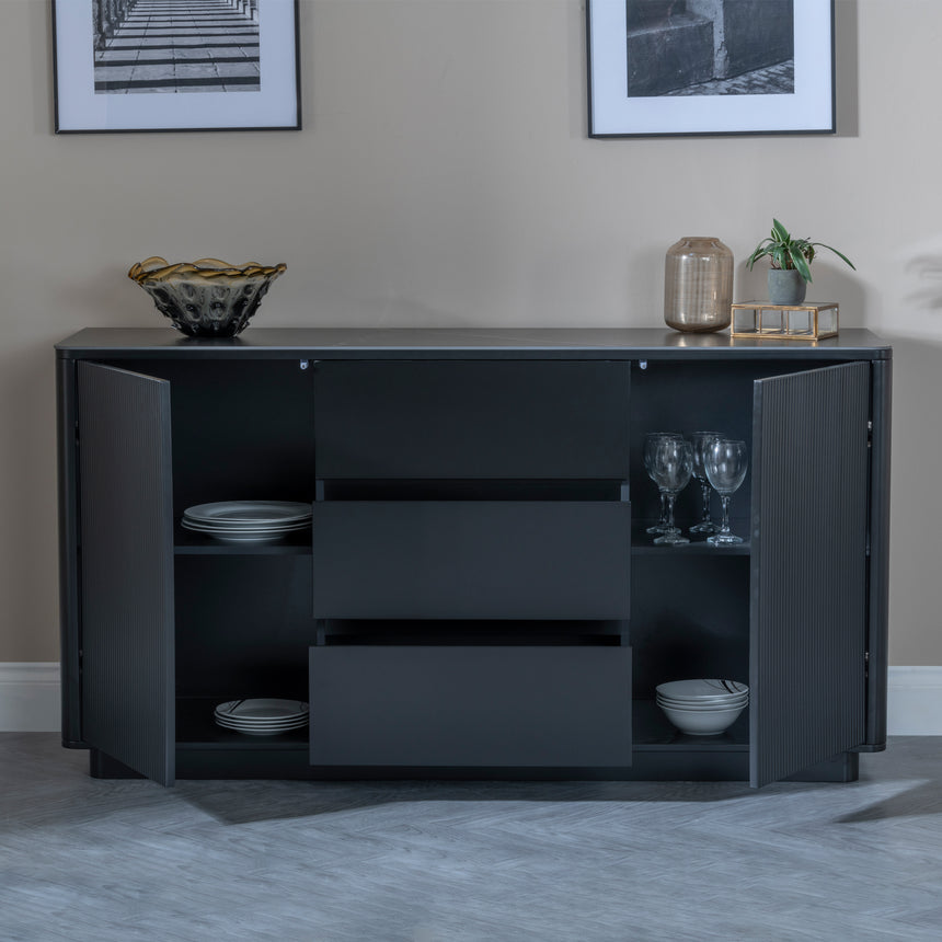 Rivoli Black Ceramic Fluted Large Sideboard