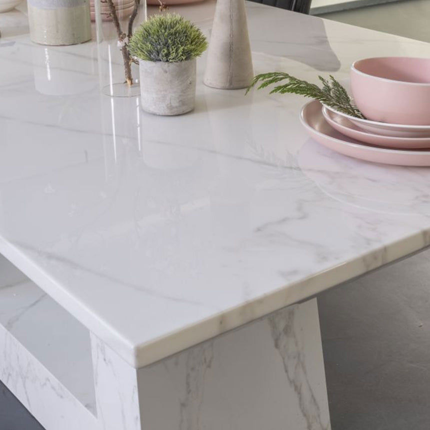 Pesaro Marble Dining Table Set, Rectangular White Top and Triangular Pedestal Base with Milazzo Black Faux Leather Chairs