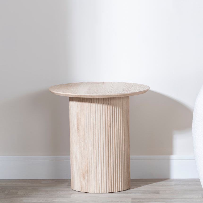 Emilia Fluted Oak Effect Round End Table with Drum Base