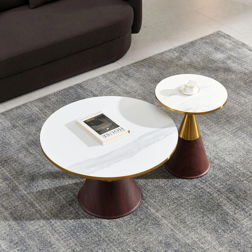 Horton Hourglass White Ceramic Round Coffee Table with Walnut Base and Gold Trim