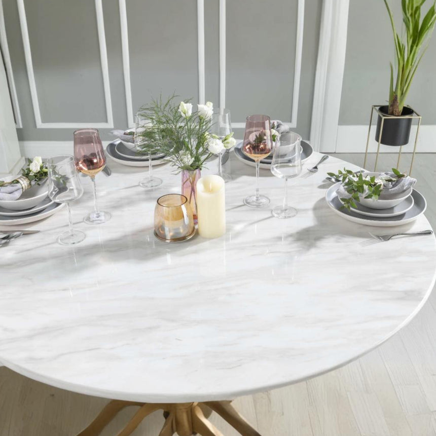 Cesena 130cm White Marble Round Dining Set - Black Knockerback Chairs