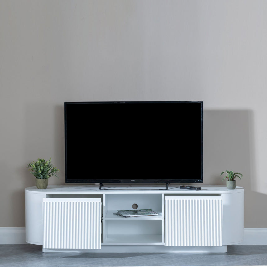 Pavia White Marble Effect Curved Fluted TV Unit