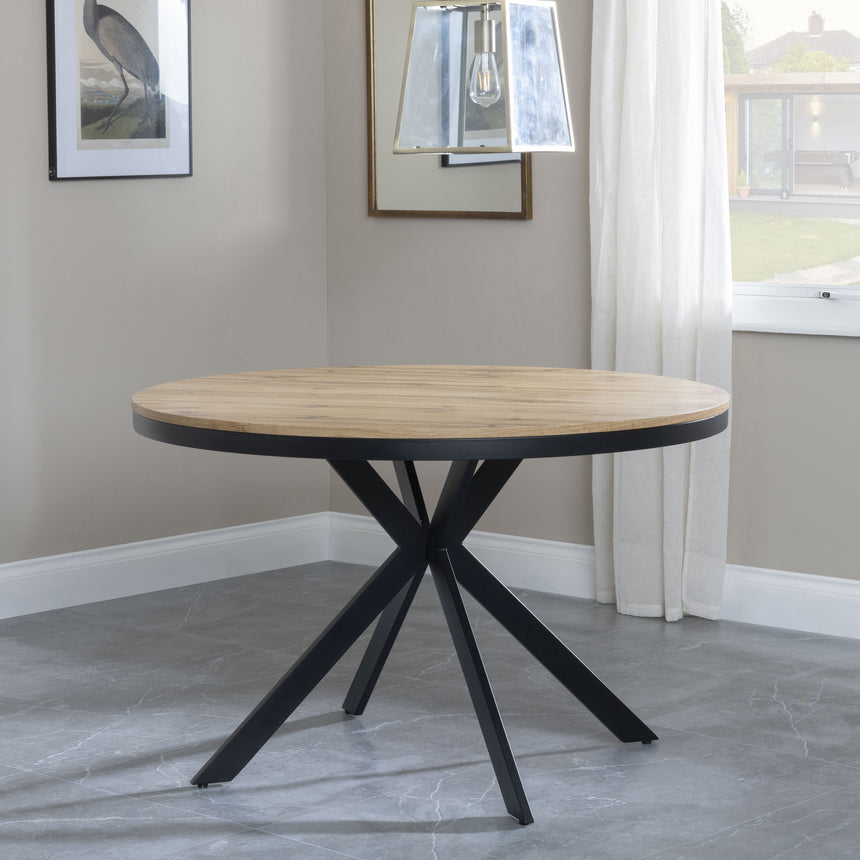 Bologna Industrial Oak Effect 4 Seater Round Dining Table with Black Spider Legs