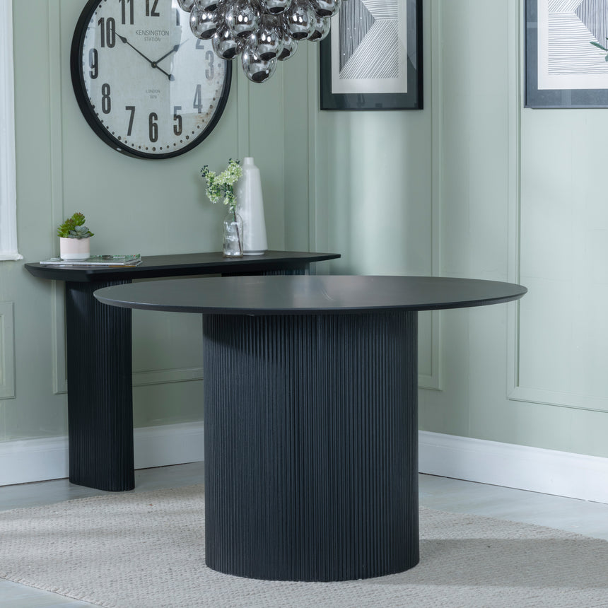 Sorrento Fluted 4 Seater Black Round Dining Table with Drum Base - 120cm