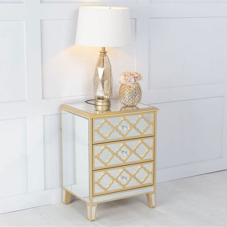 Casablanca Mirrored Gold Trim Bedside Cabinet - 3 Drawer