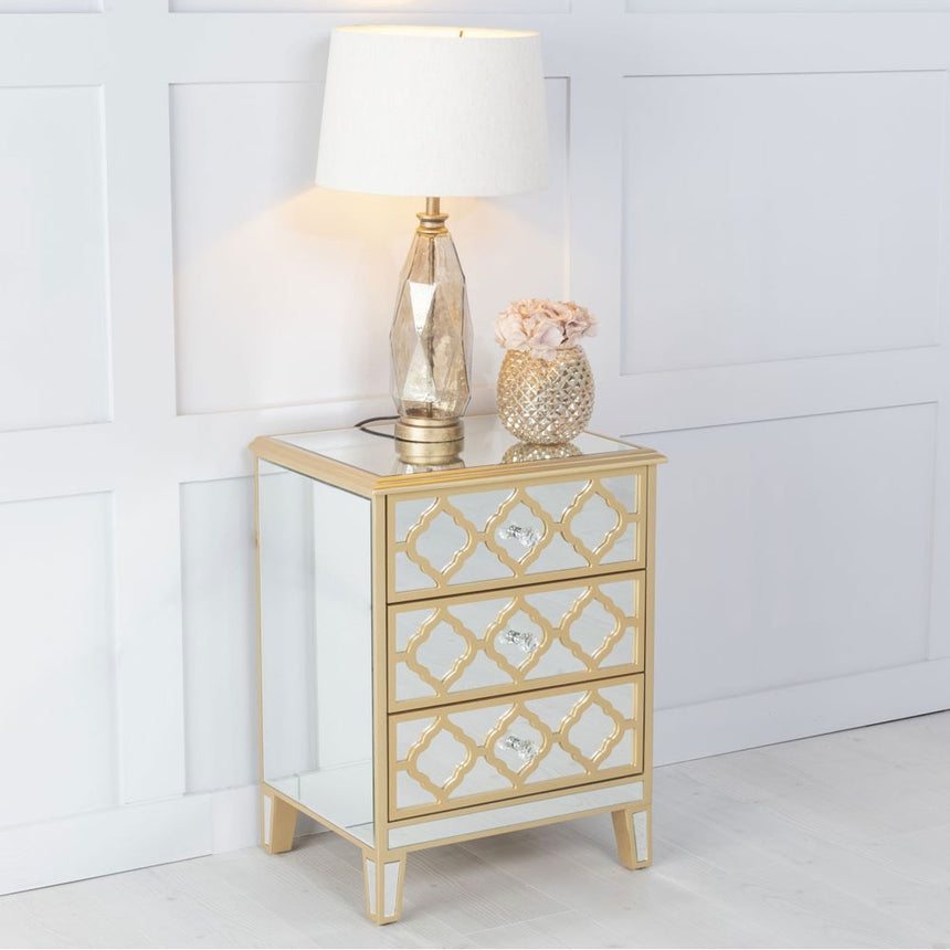 Casablanca Mirrored Gold Trim Bedside Cabinet - 3 Drawer