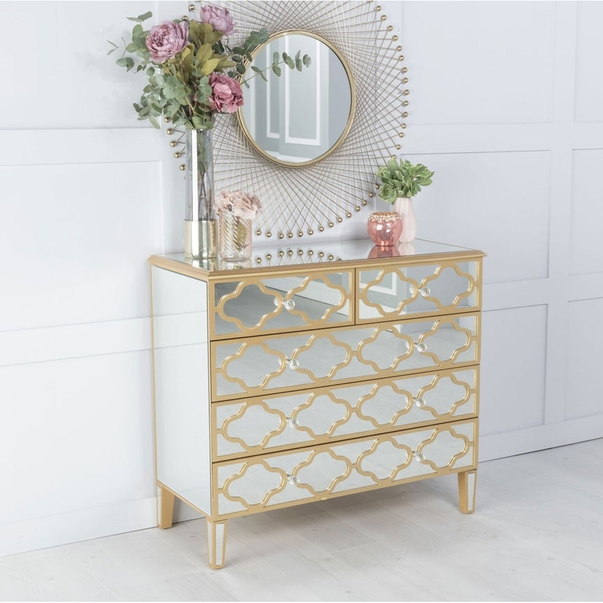 Casablanca Mirrored Gold Trim Chest - 3+2 Drawer