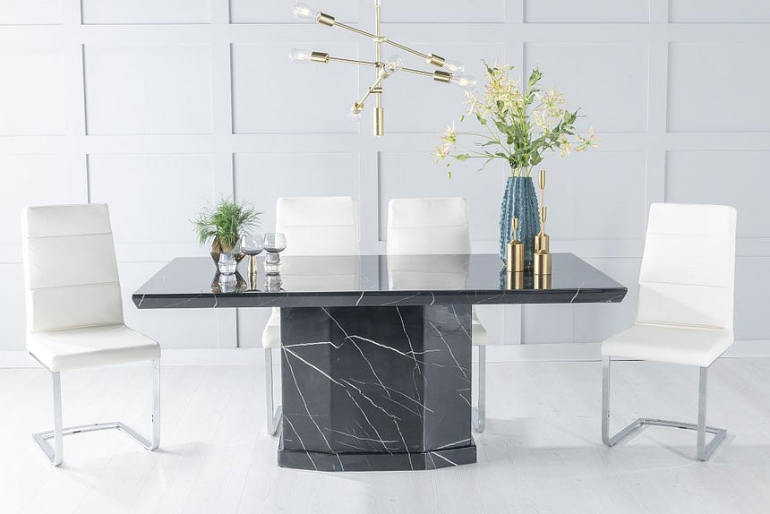 Naples Marble Dining Table Set, Rectangular Black Top and Pedestal Base with Arabella Cream Faux Leather Chairs