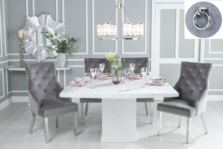 UDUK Turin 140cm White Marble Square Dining Set - Grey Fabric Knockerback Chairs Urban Deco Dining Dining Sets Marble Dining Set Turin White