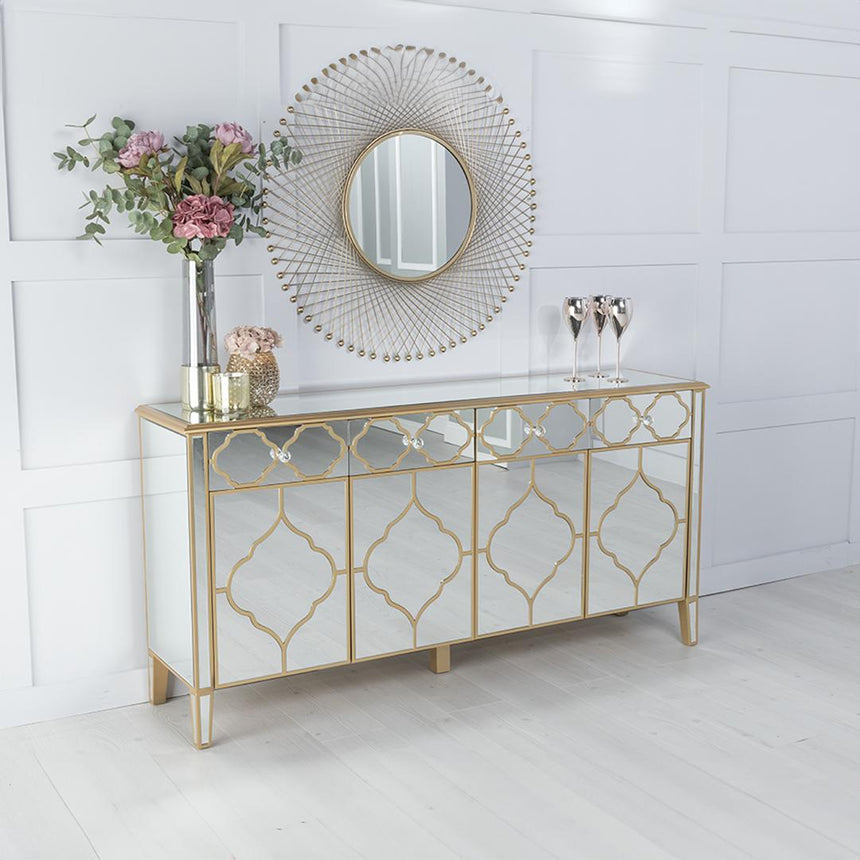 Casablanca Mirrored Gold Trim Large Sideboard - 4 Door