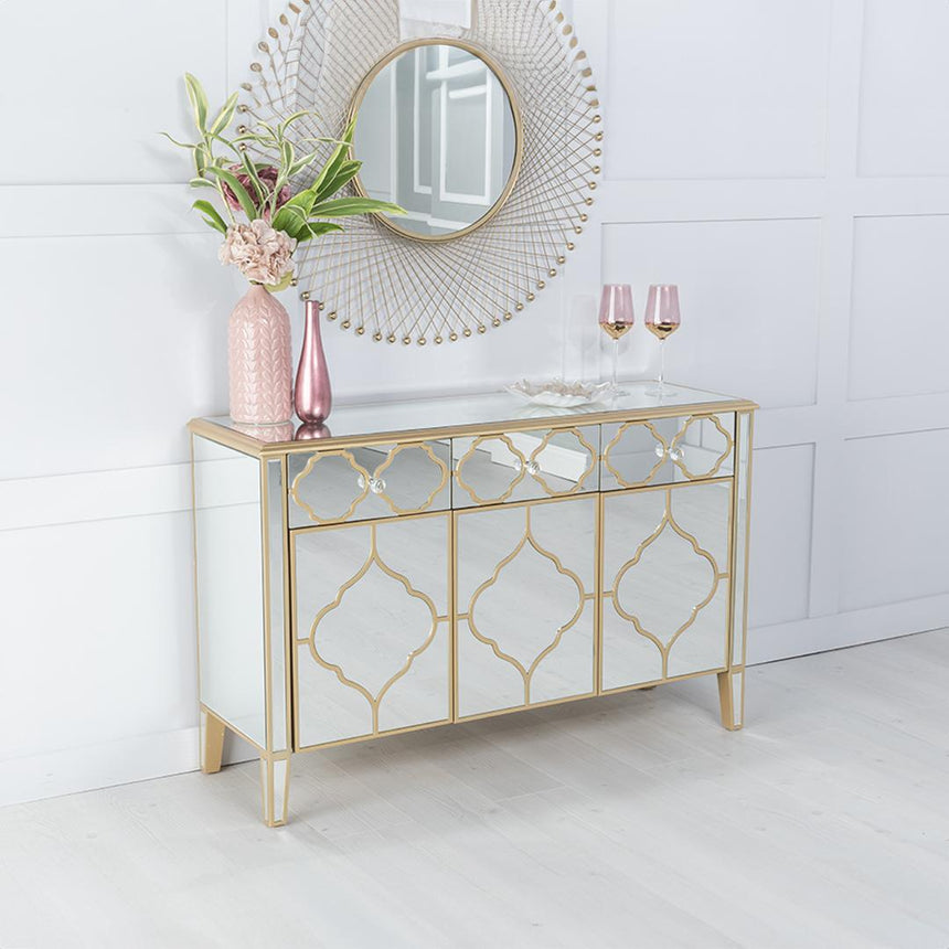 Casablanca Mirrored Gold Trim Large Sideboard - 3 Door