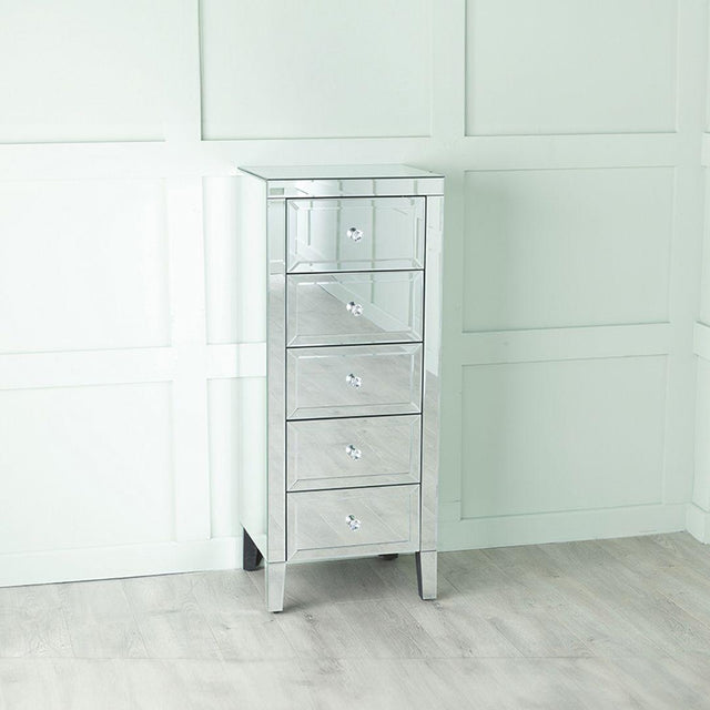 Lucia Mirrored Narrow Chest - 5 Drawer