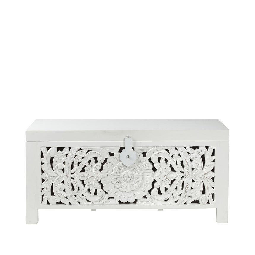 Boho White Carved Blanket Box - 1 Door