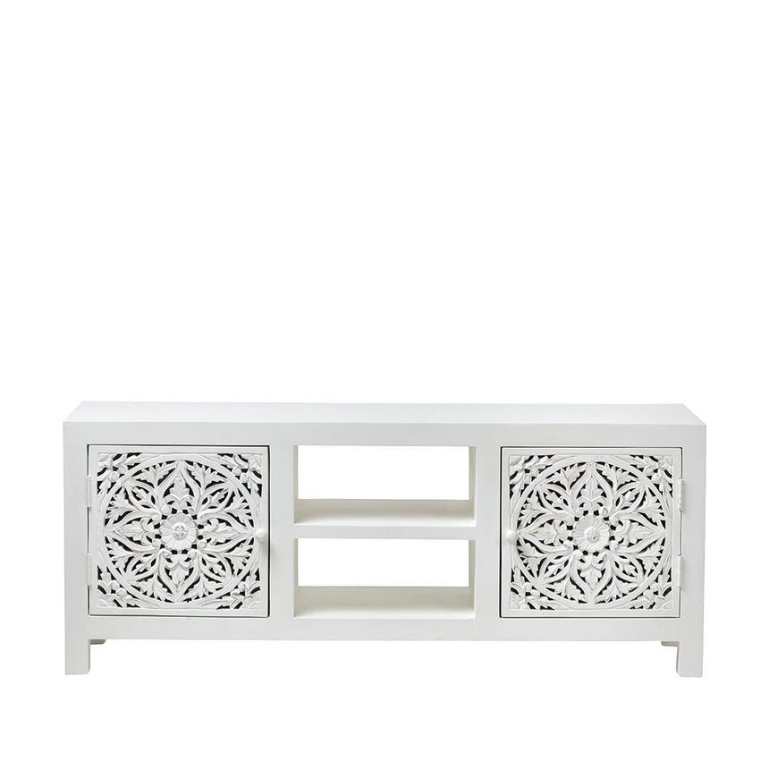 Boho White Carved TV Unit - 2 Doors