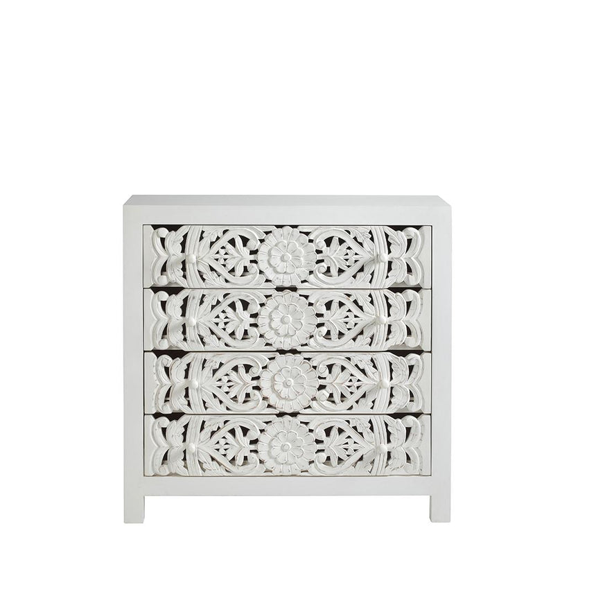 Boho White Carved Chest - 4 Drawers