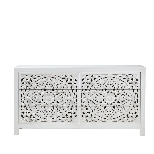 Boho White Carved Chest - 6 Drawers