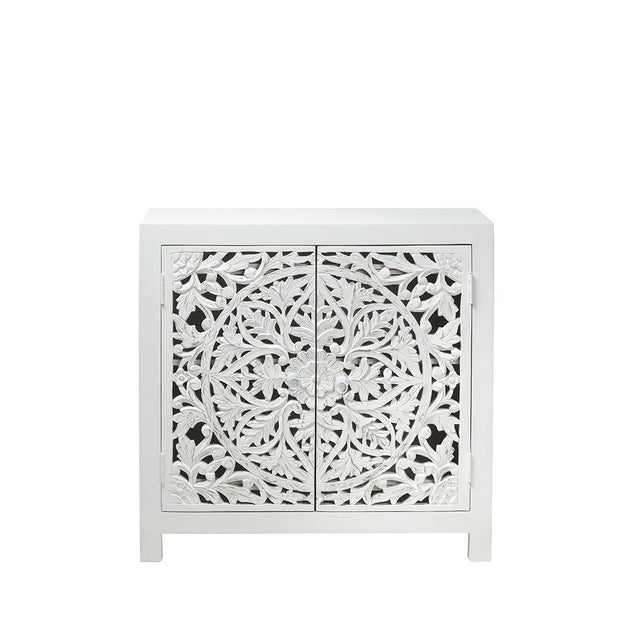 Boho White Carved Compact Small Sideboard - 89cm