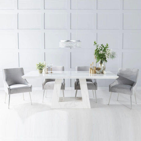 Milan White Marble Dining Set - Giovanni Light Grey Fabric Chairs-2