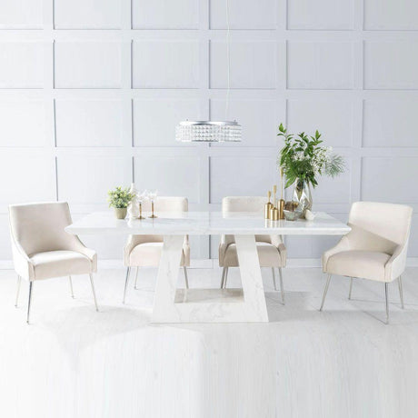 Milan White Marble Dining Set - Giovanni Champagne Fabric Chairs-3